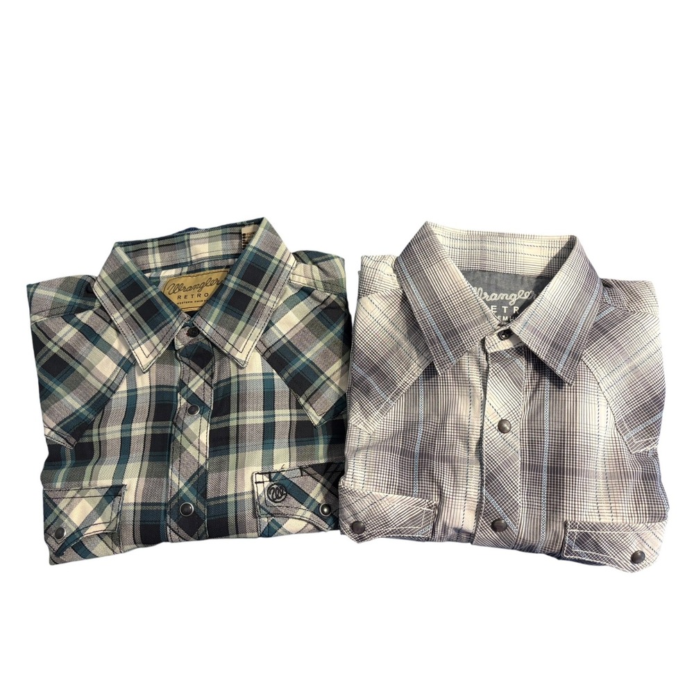 Lot of 2 Wrangler Retro Western Pearl Snap Shirts Mens Medium Plaid Long Sleeve
